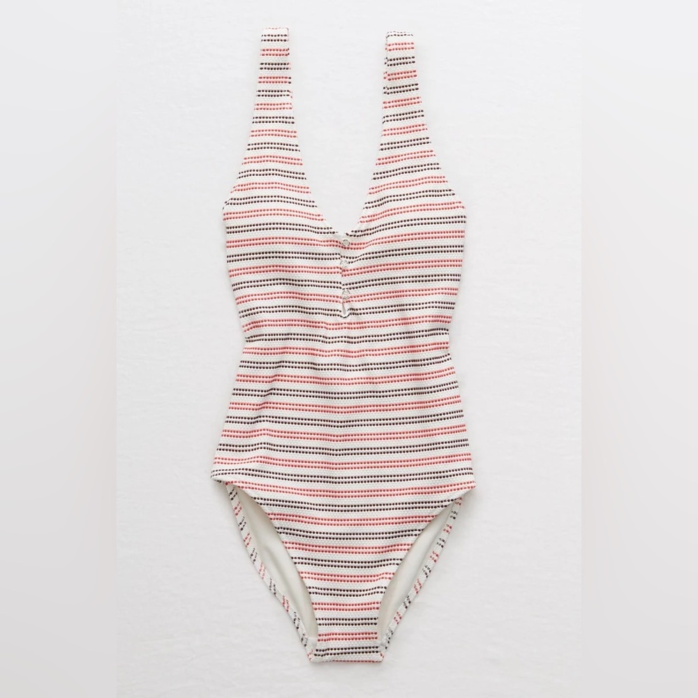 Aerie Brown and Red Polka Dot Striped Swim One‎ Piece Full Coverage V Neck